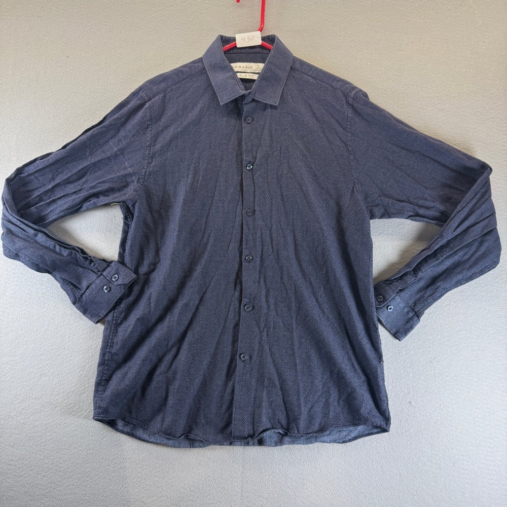 Primark Mens XL Slim Fit Button Down Shirt Navy Blue‎ Textured 100% Cotton L/S
